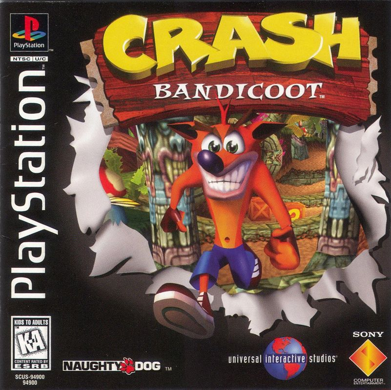 Copertina del gioco Crash Bandicoot su PS1 con il logo Naughty Dog.